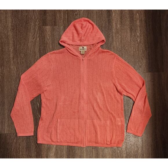 Vintage Large Women's Woolrich Sweater Cardigan With Hood Light Weight Coral Zip - Picture 4 of 5